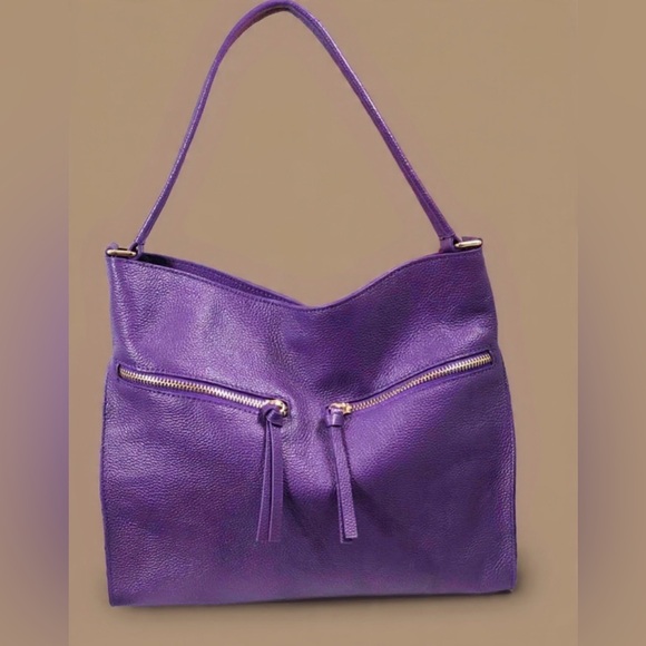 TOTE LE MONDE The Geneva Purple Pebbled Leather Shoulder Elegant Tote Bag. - Picture 4 of 13
